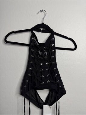 Black Lace-Up Halter Bodysuit with Central O-Ring Detail
